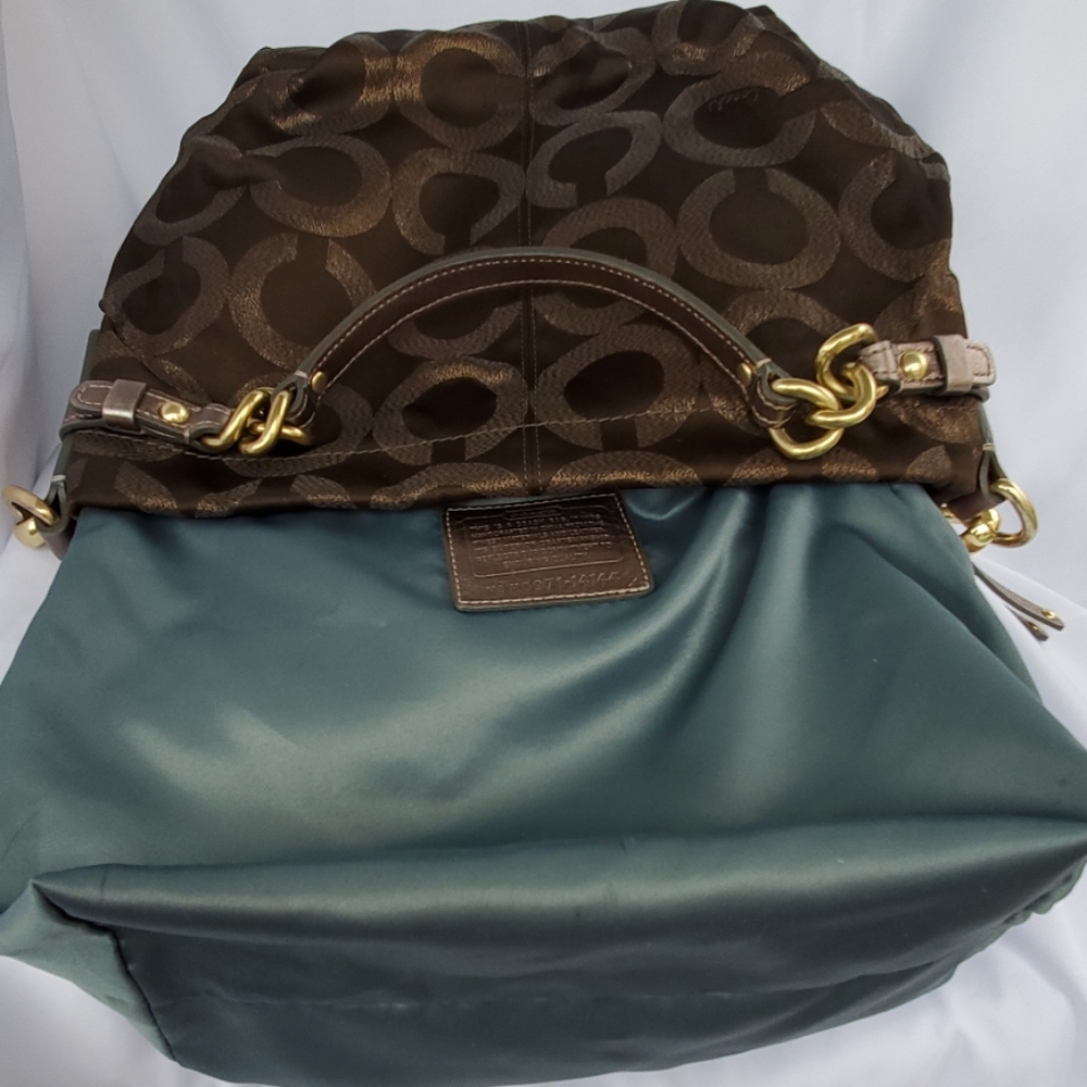 Coach Op Art Brooke  Metallic Olive Signature Logo Print Shoulder Bag Handbag - Picture 2 of 8